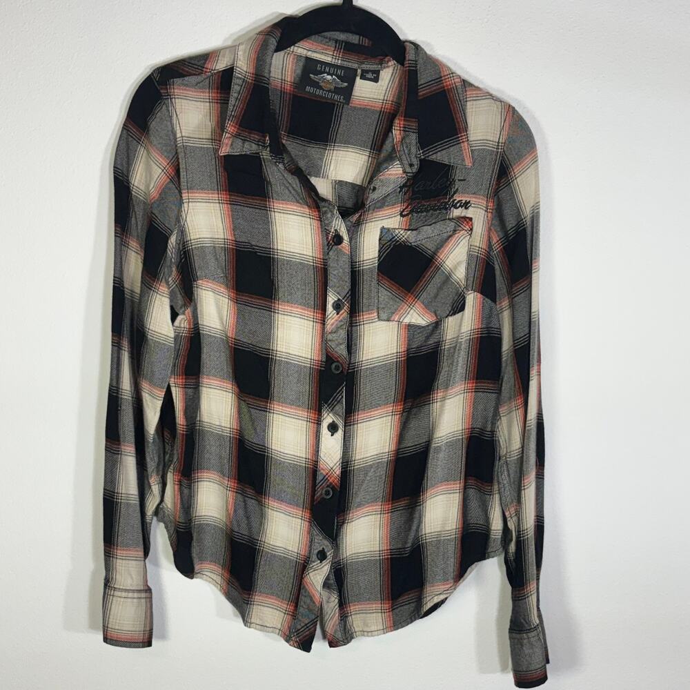 Harley-Davidson Black Cream Red Plaid Button-Up Blouse